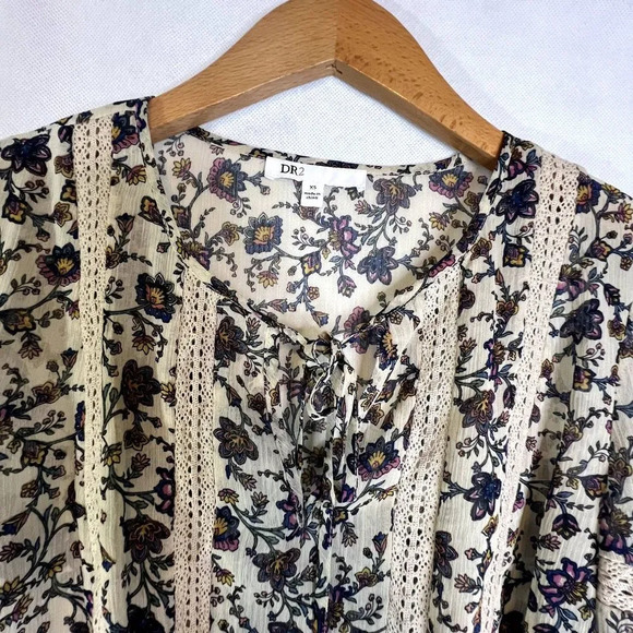 Dr2 Sheer Crochet Lace Strips Peplum Boho Blouse Size XS - Picture 3 of 12